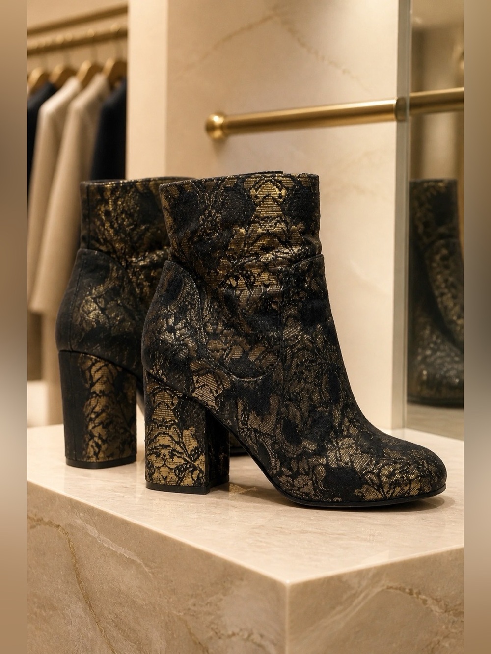 BLACK AND GOLD ANKLE BOOTS BY MARC FISHER SIZE 6.5